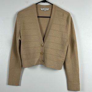 St John V-neck Cardigan Short Tan 3 Button hole Women’s Size 4 Classy Stylish
